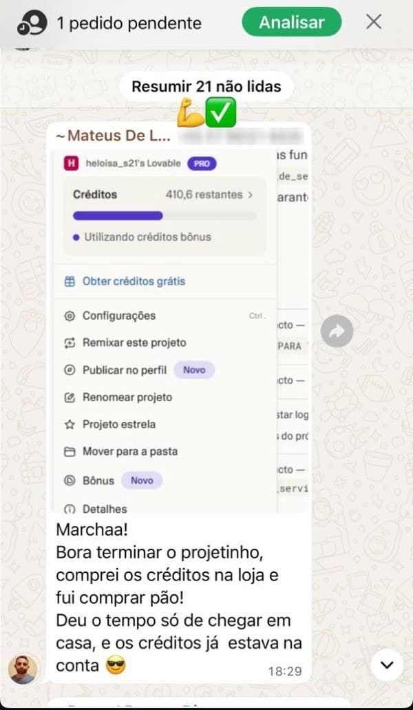 Cliente conta que comprou os créditos e que eles já estavam na conta Lovable quando chegou em casa