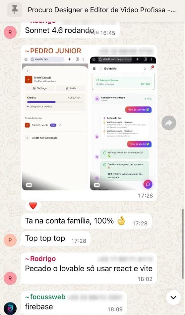 Cliente mostra a mensagem de créditos entregues com sucesso e o saldo na conta Lovable