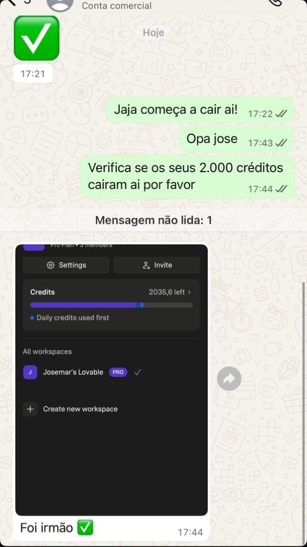 Cliente confirma que os 2.000 créditos caíram na conta Lovable