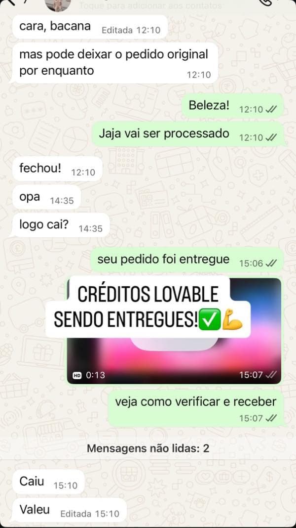 Cliente avisa que o pedido caiu depois da entrega dos créditos Lovable